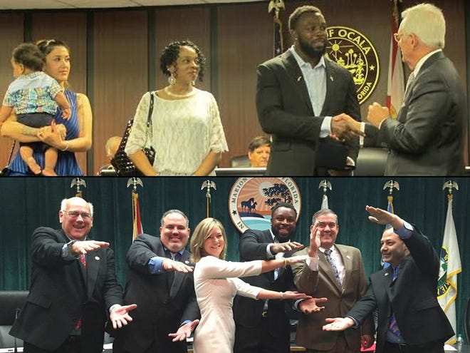 Lerentee McCray, center in both photos, is recognized by the city of Ocala and the Marion County Commission on Tuesday.