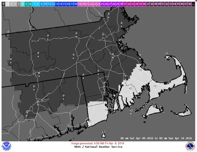 This graphic produced by the National Weather Service early Friday morning shows only a small chance of Rhode Island getting snow this weekend, less than an inch in the southern part of the state nothing to the north.