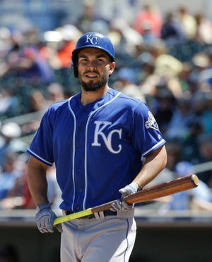Kansas City Royals' Eric Hosmer is at bat during a spring training baseball game against the Texas Rangers Wednesday, March 30, 2016, in Surprise, Ariz.