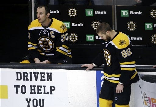 Bruins defensemen Zdeno Chara (33) and Kevan Miller (86) react near the bench after they lost Saturday's game against the Senators. AP Photo/Elise Amendola