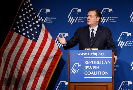Republican presidential candidate, Sen. Ted Cruz, R-Texas, speaks at the Republican Jewish Coalition spring leadership meeting, Saturday, April 9, 2016, in Las Vegas. (AP Photo/John Locher)