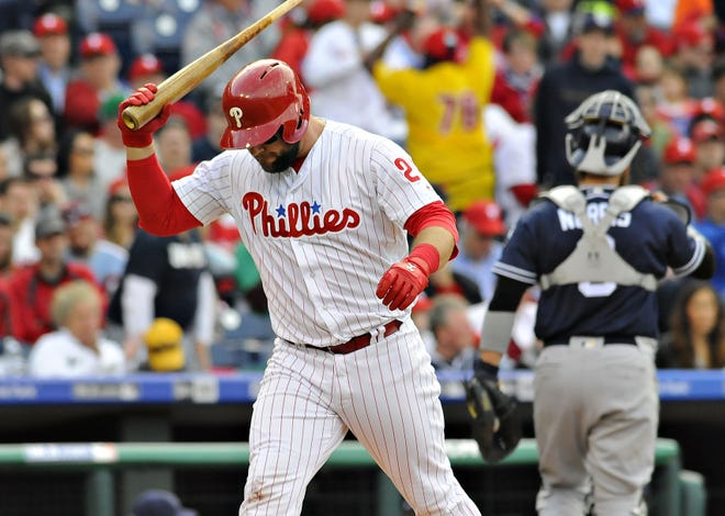 The Phillies' Cameron Rupp prepares to slam hit bat to the ground after being called out on strikes Monday, April 11, 2016, at Citizens Bank Park in Philadelphia.
