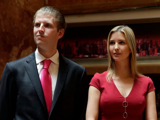 Donald Trump's children Eric Trump and Ivanka Trump attend a news conference, in New York, Thursday, May 1, 2014.