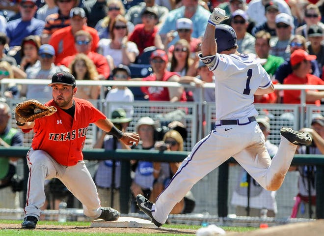 FILE - In this June 15, 2014, file photo, Texas Tech first baseman Eric Gutierrez takes the throw for the out on a groundout by TCU's Cody Jones (1) in the fifth inning of an NCAA baseball College World Series game in Omaha, Neb. Senior first baseman Gutierrez is batting .345 with five home runs and 32 RBIs for the Red Raiders, who own a 3 ½-game lead over TCU in the Big 12 standings. (AP Photo/Eric Francis)