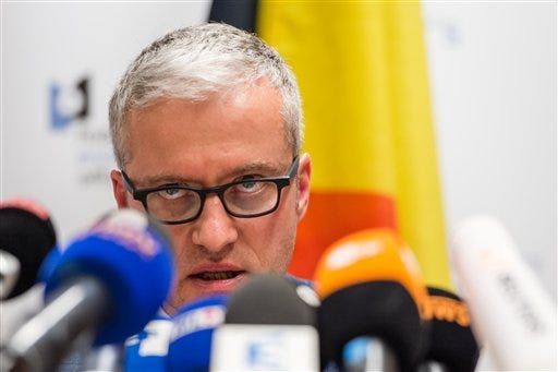 Spokesman for the Belgian Federal Prosecutors Office Thierry Werts addresses the media during a news conference in Brussels on Friday, April 8, 2016.