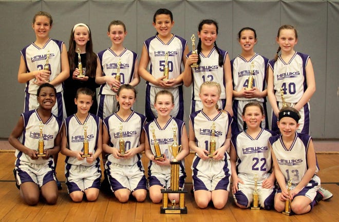 The Marshwood fifth- and sixth-grade travel girls basketball team recently completed its season with a 20-14 record and played in five tournaments. The team was coached by Bob Fontaine and assistant coach Stan Nashwinter. Pictured are team members (from row, from left) Hayley Lawrence, Sophia Kriz, Abby LeBlanc, Izzy Varney, Savy Nashwinter, Jadyn Eastman, Catie McClellan; (back row, from left) Rylie Stackpole, Emma Fife, Shelby Anderson, Jasmine Aloisio, Olivia Holt, Lilly Goodwin and Daniella Aceto. Courtesy photo