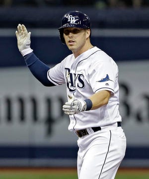 Tampa Bay Rays' Corey Dickerson reacts after hitting a double off Cleveland Indians starting pitcher Corey Kluber during the seventh inning of Tuesday night's game in St. Petersburg. AP Photo / Chris O'Meara