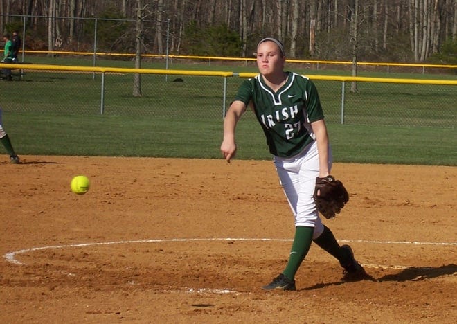 Camden Catholic pitcher Sarah Byrnes fires a pitch during the second inning of Wednesday's Olympic Conference National Division game at Seneca. Byrnes fired a four-hitter and struck out 12 as the Irish won, 1-0.