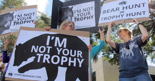 Protesters opposed to bear hunting in Florida demonstrate on a street in downtown Gainesville on Oct. 23, 2015.