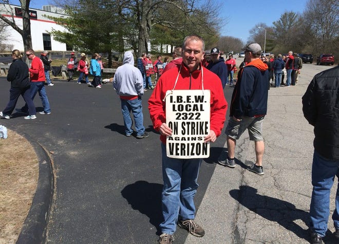 Eric Hetrick, business manager for IBEW's Local 2322, was on the picket line Wednesday in Taunton with Verizon workers striking for a contract they consider to be fair and equitable.