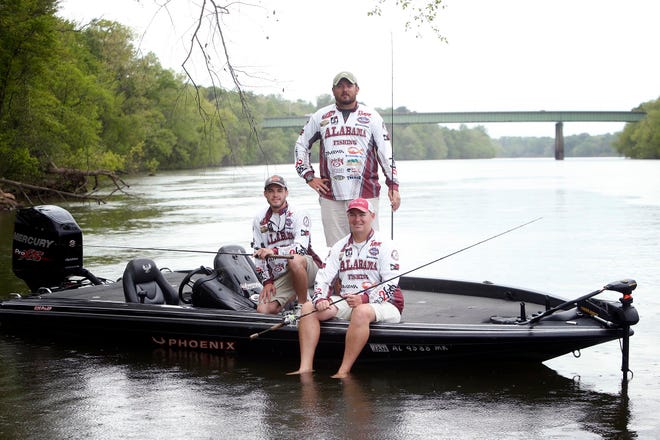 The University of Alabama Bass Anglers, Drew Grow, left, Ethan Flack and John Davis, on the Black Warrior River on Monday. The team is the No. 1-ranked college team in teh Cabela's School of the year Race. Staff photo/Michelle Lepianka Carter