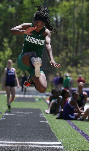 Ashbrook's Hassani Burris competes in the long jump during the Gaston County High School Track Meet held Thursday, April 14, 2016 at Stuart Cramer High School in Cramerton, NC. MIKE HENSDILL/THE GAZETTE