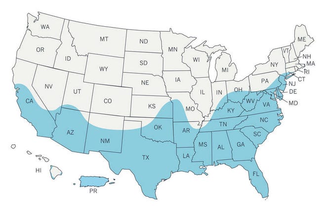 This image made available by the Centers for Disease Control and Prevention on Wednesday, March 30, 2016 shows a map of the United States with an estimated range of the Aedes aegypti mosquito for 2016 indicated in blue. On Wednesday, federal health officials said the mosquitoes, including the Aedes aegypti, that can transmit the Zika virus may live in a broader swath of the U.S. than previously thought _ but that doesn't mean they'll cause disease here. (CDC via AP)