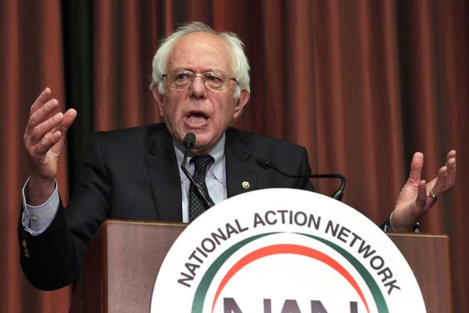 Democratic presidential candidate, Sen. Bernie Sanders. I-Vt. addresses the 25th annual National Action Network convention in New York, Thursday, April 14, 2016. (AP Photo/Richard Drew)