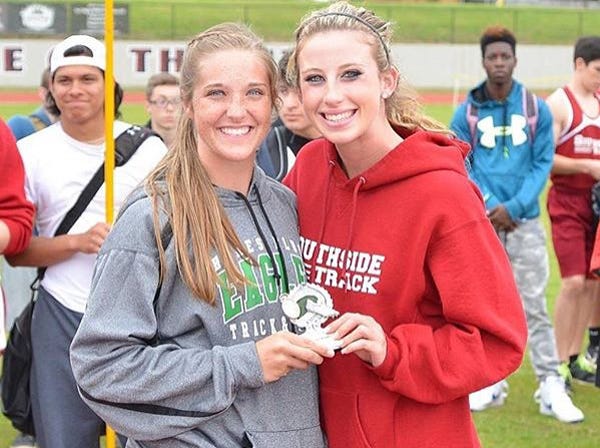 Hokes Bluff's TyLynn Register, left, and Southside's Kelsey Patterson pose after the pair were chosen as girls co-MVPs at the Etowah County Track Meet on Wednesday.