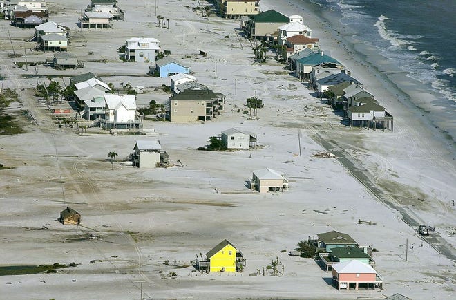 The Gulf of Mexico washed over Santa Rosa Island in 2005, damaging houses along Navarre Beach and causing significant beach and dune erosion. Scientists warn that climate change could cause more extreme weather events such as hurricanes.