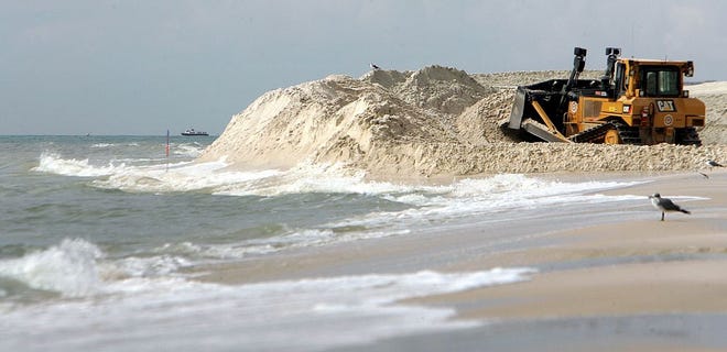 Crews move sand during a $13.5 million beach renourishment project in Panama City Beach in 2011. Climate change scientists warn shoreline erosion is one side effect of a warming earth and rising seas.