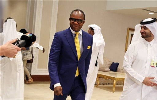 Nigerian Oil Minister Emmanuel Ibe Kachiwku arrives at an oil-producers' meeting in Doha, Qatar, on Sunday, April 17, 2016. Oil-producing countries are meeting in Qatar to discuss a possible freeze of production to counter low global prices, but Iran's last-minute decision to stay home could dilute the impact of any agreement. (AP Photo/Jon Gambrell)