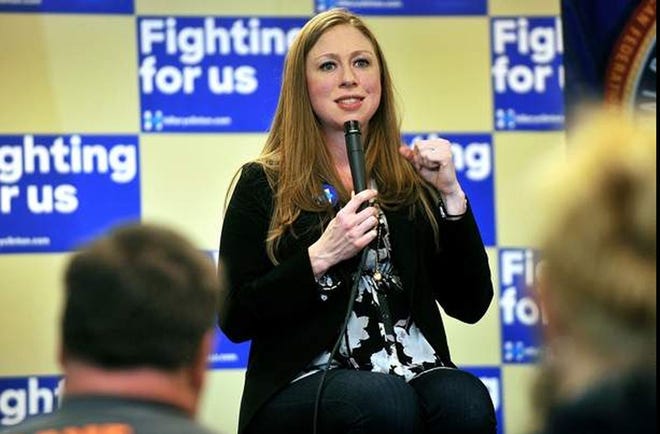 Chelsea Clinton speaks to an audience about her mother’s campaign Monday afternoon at the International Brotherhood of Electrical Workers Local 910 building in Watertown.