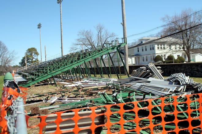 Dismantling of the bleachers at Fuller Field, Clinton, has been halted until selectman and a representative of the Fuller Field Commission can meet to discuss the work. Item photo/JAN GOTTESMAN