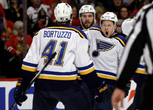 St. Louis Blues right wing Vladimir Tarasenko, right, celebrates with his teammates after scoring a goal against the Chicago Blackhawks during the first period in Game 4 of an NHL hockey first-round Stanley Cup playoff series Tuesday, April 19, 2016, in Chicago. (AP Photo/Nam Y. Huh)