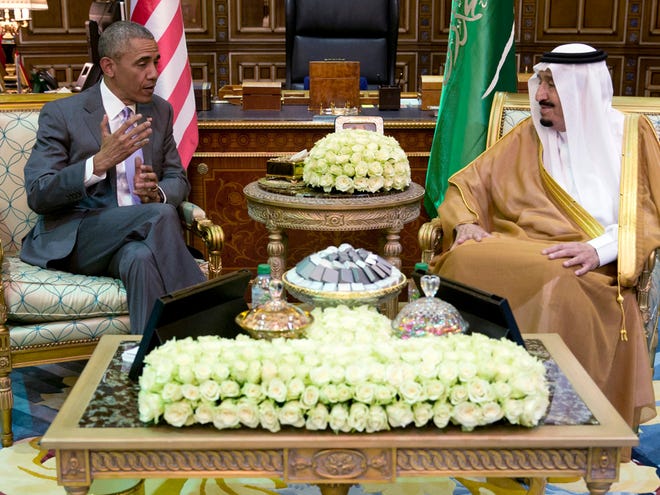 President Barack Obama and Saudi Arabia's King Salman meet at Erga Palace in Riyadh, Saudi Arabia, Wednesday.