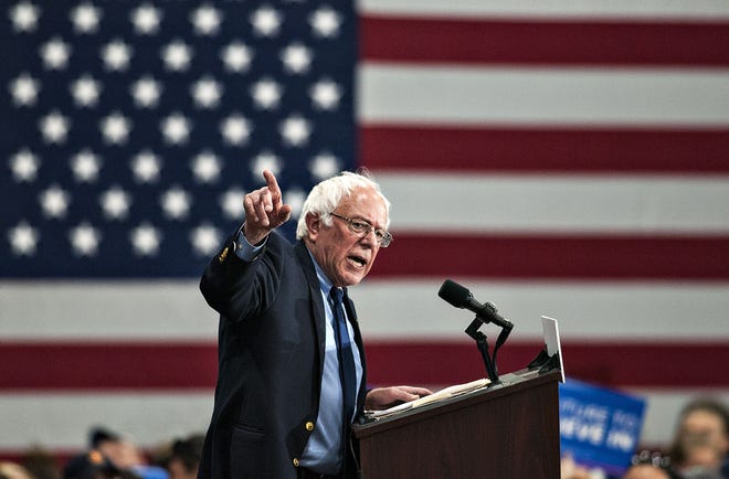 U.S. Sen. Bernie Sanders, one of the Democratic Party presidential candidates gives his speech to his supporters to his cause Thursday, April 21, 2016, at the Greater Philadelphia Expo Center, in Oaks. Sanders touched on topics like getting big money out of politics, his plan to make public colleges and universities tuition-free, combating climate change and ensuring universal health care.