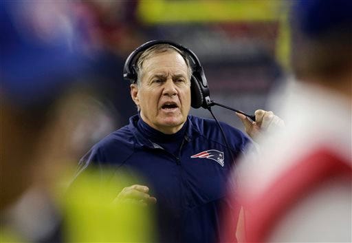 FILE - In this Dec. 13, 2015, file photo, New England Patriots head coach Bill Belichick watches from the sideline during the first half of an NFL football game against the Houston Texans, in Houston. The Patriots first pick in next week's NFL draft in Chicago is in the second round, 60th overall. (AP Photo/David J. Phillip, File)
