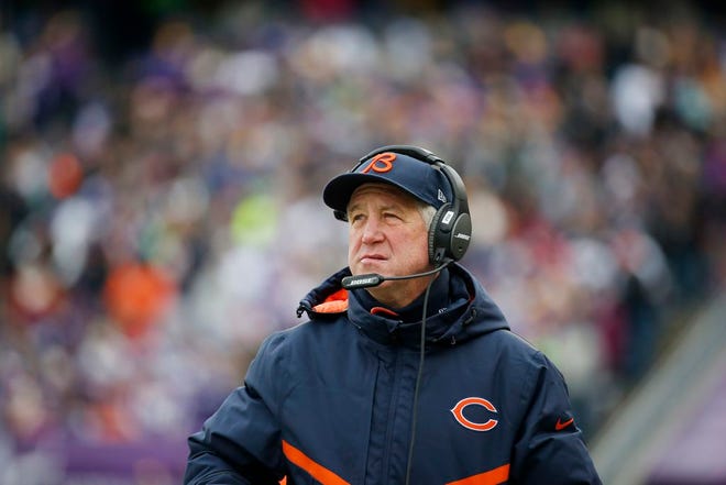 In this Dec. 20, 2015, file photo, Chicago Bears coach John Fox watches from the sideline during the team's NFL football game against the Minnesota Vikings in Minneapolis. The Bears have the 11th pick in the first round in next week's NFL draft in Chicago.