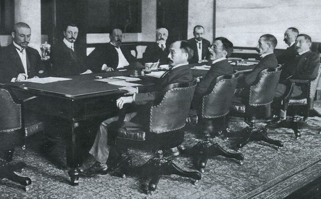 A group of delegates are seen during negotiations of the Treaty of Portsmouth in 1905, which formally ended the 1904-05 HYPERLINK "https://en.wikipedia.org/wiki/Russo-Japanese_War" \o "Russo-Japanese War"Russo-Japanese War. Courtesy photo
