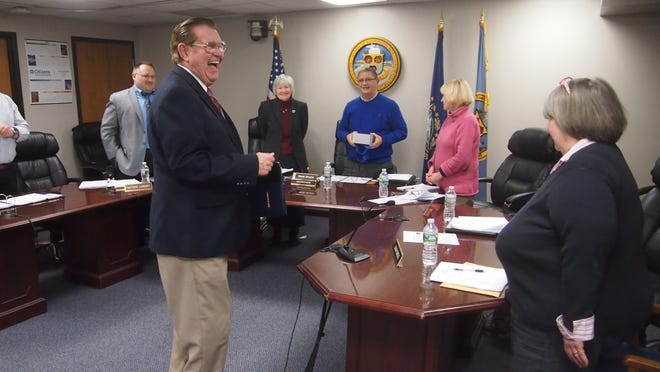 The Hampton School Board honored former member Jerry Znoj at its meeting last week, a month after his term on the board ended. Photo by Max Sullivan/Seacoastonline