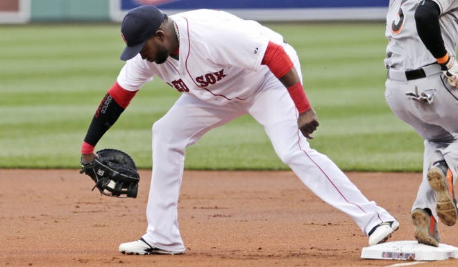 David Ortiz catches a throw while playing first base against Miami at Fenway Park last July.