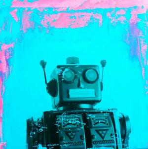 Works by Pop Icon (aka Marc Coderre) are on view at Hayden Art Gallery at the public library in Cumberland, Rhode Island. This is "Like, Oh My God, It's a Robot" (ink, gel transfer and acrylic on canvas).

COURTESY PHOTO