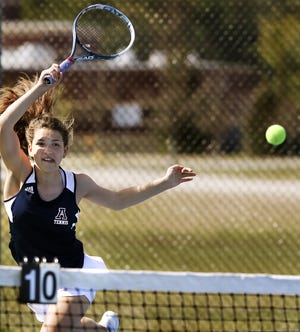 Apponequet's Leanne Kendall returns the ball during her first singles match against Fairhaven's Lexi Lima. MIKE VALERI/THE STANDARD-TIMES/SCMG