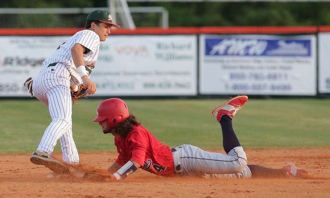 Wakulla's John Weber slides in safely to second base as Mosley shortstop R.J. Yeager moves in to apply a tag.