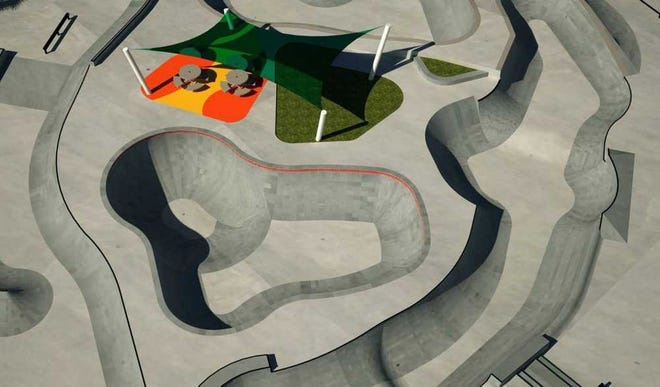 Courtesy of Team Pain Skateparks A rendition of the new Jacksonville Beach Skate Park, which will feature six different skating areas. Construction is expected to start this summer.