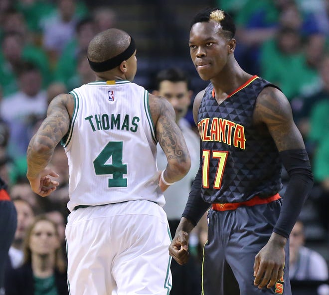 Celtics guard Isaiah Thomas and Hawks guard Dennis Schroeder get into a scuffle in the first half Friday night, with both being called for technical fouls.