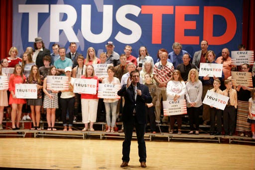 Republican presidential candidate, Sen. Ted Cruz, R-Texas, speaks at Woodrow Wilson Middle School, Sunday, April 24, 2016, in Terre Haute, Ind.
