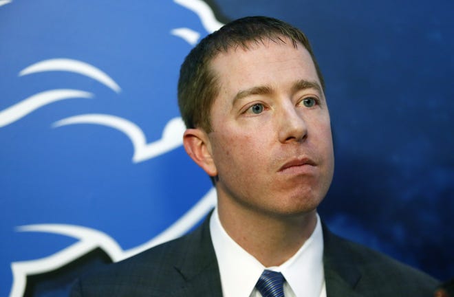 FILE - In this Jan. 11, 2016, file photo, Detroit Lions general manager Bob Quinn listens to a reporters question after being introduced during an NFL football news conference in Allen Park, Mich. The Lions have the 16th pick in the first round in next week's NFL draft in Chicago. (AP Photo/Duane Burleson, File)