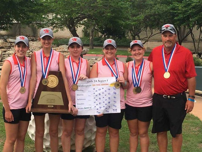 The Wellington Lady Skyrockets won their first Class 2A state golf championship on Tuesday afternoon at the Roy Kizer Golf Course in Austin. The team includes, from left, Abby Morris, Bailey Neeley, Taylor Martin, Kamri Ashmore, Ashley Watts and head coach Kurt Ashmore.