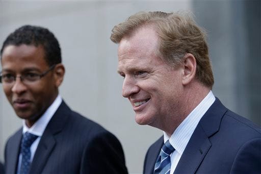 FILE - In this Aug. 12, 2015 file photo, NFL Commissioner Roger Goodell, right, leaves federal court in New York. A federal appeals court has ruled, Monday, April 25, 2016, that New England Patriots Tom Brady must serve a four-game "Deflategate" suspension imposed by the NFL, overturning a lower judge and siding with the league in a battle with the players union. (AP Photo/Mary Altaffer, File)