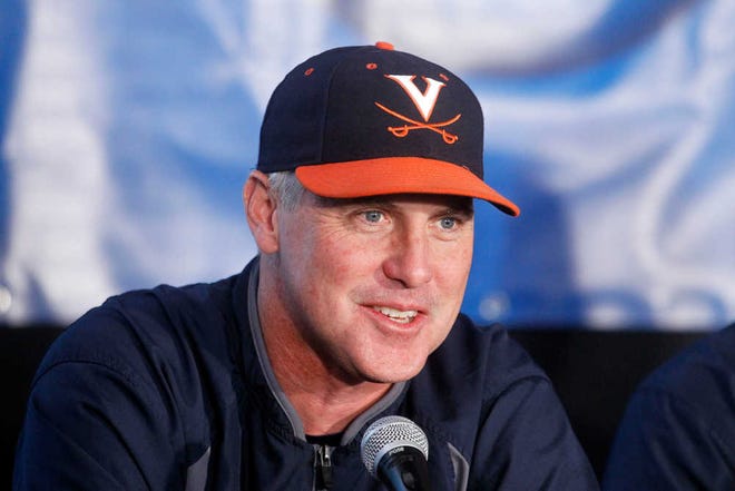 Virginia baseball head coach Brian O'Connor answers a question during a news conference at Davenport Field in Charlottesville, Virginia, on June 4, 2015.