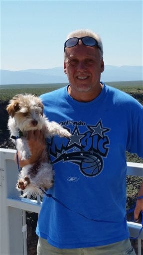 This June 2015 photo provided by Linda Bilyeu shows her ex-husband Randy Bilyeu during a visit to northern New Mexico. Authorities confirmed Wednesday, April 27, 2016, that they have resumed the search for Bilyeu, a 54-year-old father and grandfather, who went missing in January while hunting for a $2 million cache of jewels, gold and artifacts in a rugged area along the Rio Grande, northwest of Santa Fe, N.M. (Courtesy of Linda Bilyeu via AP) MANDATORY CREDIT