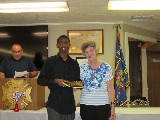Voice of Democracy second place student, Andrew S. Dickerson with Gertie Savoy.