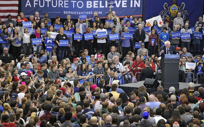 Bernie Sanders speaks to the 2,200 people who turned out for his rally April 19 at the Bayfront Convention Center in Erie. Sanders is running for the Democratic nomination for president. CHRISTOPHER MILLETTE/
