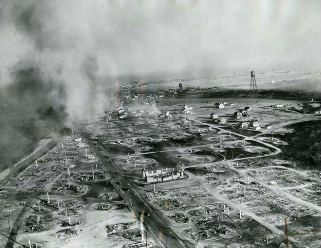 An aerial view of the aftermath of the 1941 Great Brant Rock Fire in Marshfield.