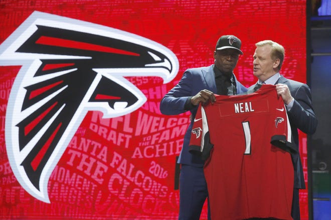 Former South Sumter and University of Florida standout Keanu Neal poses with NFL commissioner Roger Goodell after being selected by Atlanta with the 17th pick in the first round of the NFL Draft on Thursday in Chicago.