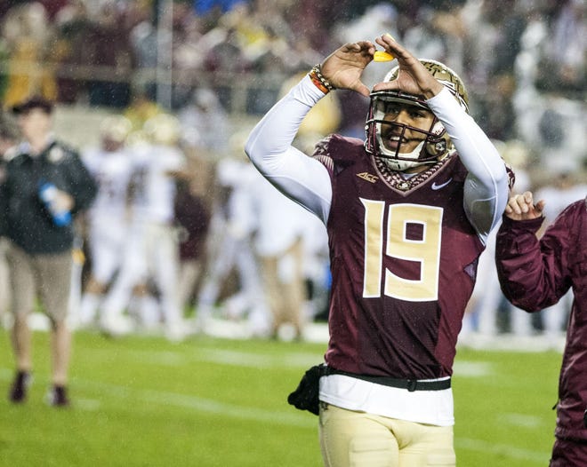 Former South Lake and Florida State kicker Roberto Aguayo celebrates after kicking the game-winning field goal with three seconds left in a 2014 game against Boston College in Tallahassee.