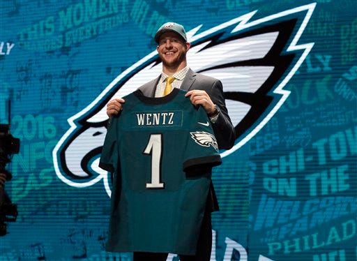 North Dakota State"™s Carson Wentz poses for photos after being selected by the Philadelphia Eagles as second pick in the first round of the 2016 NFL football draft, Thursday, April 28, 2016, in Chicago. (AP Photo/Charles Rex Arbogast)