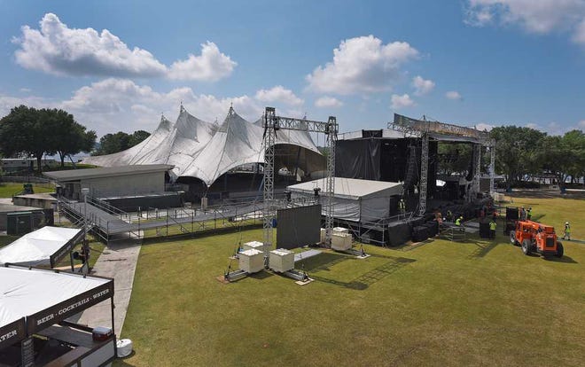 Bob.Self@jacksonville.com A large stage for Welcome to Rockville is set up in front of the Metropolitan Park stage Friday afternoon. Despite the closing of the park's permanent stage, festival organizers are undeterred and say they like the park's location.